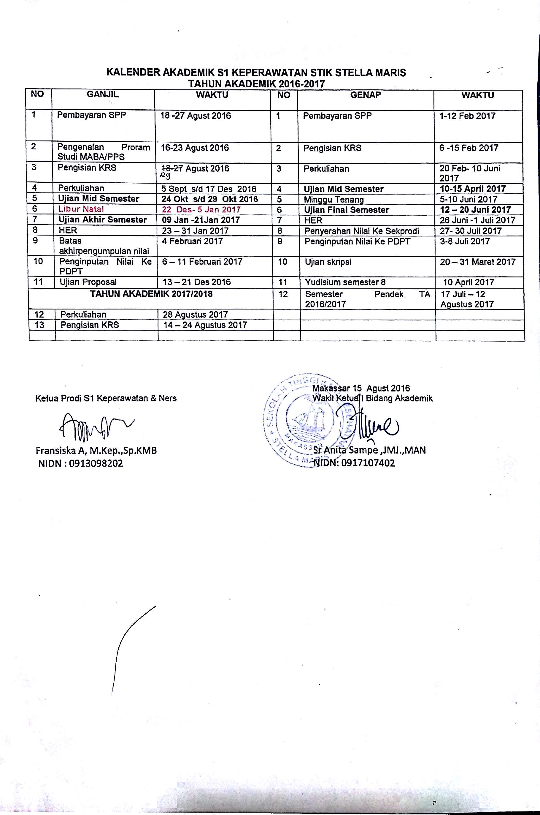 Kalender Akademik DIII & S1 Keperawatan TA.2016/2017